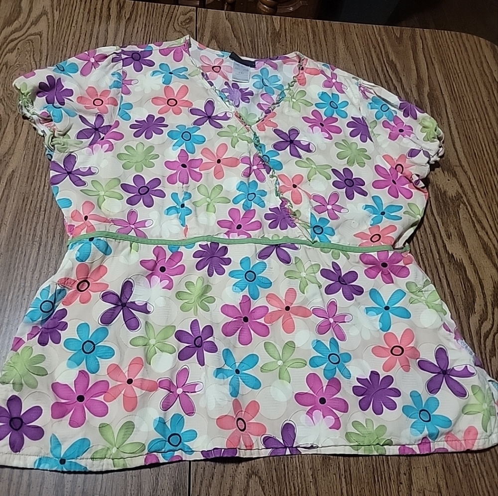 Cherokee Scrub Top Womens 2XL Floral Pink Purple